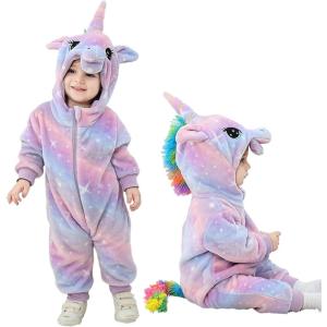 imageLOLANTA Toddler Girls Onepiece Jumpsuit Infant Fleece Hooded Rompers Unicorn Costume Halloween Christmas Birthday GiftsPurple Unicorn