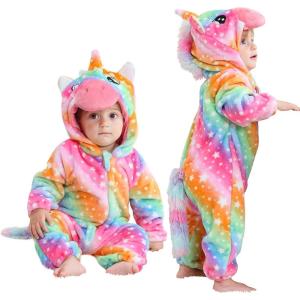 imageLOLANTA Toddler Girls Onepiece Jumpsuit Infant Fleece Hooded Rompers Unicorn Costume Halloween Christmas Birthday GiftsRainbow Unicorn