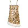 imageLOLANTA Girls Sequin Dress Kids Sparkly Gown for Christmas Wedding with Spaghetti Strap Detachable Asymmetrical Feather HemChampagne