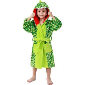 imageLOLANTA Boys Hooded Robes Fleece Dinosaur Bathrobe Kids Fuzzy Plush Pajamas Cartoon Nightgown Sleepwear 28YearsChecked Green
