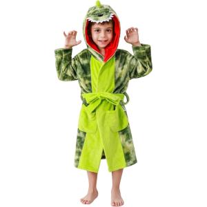 imageLOLANTA Boys Hooded Robes Fleece Dinosaur Bathrobe Kids Fuzzy Plush Pajamas Cartoon Nightgown Sleepwear 28YearsTiedye Green