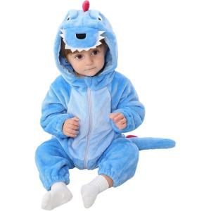 imageLOLANTA Toddler Dinosaur Animal Costume Unisex Baby Kids Flannel Hooded Romper Jumpsuit Dress Up OutfitBlue