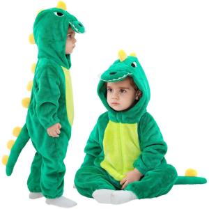 imageLOLANTA Toddler Dinosaur Animal Costume Unisex Baby Kids Flannel Hooded Romper Jumpsuit Dress Up OutfitDeep Green