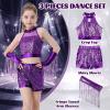 imageLOLANTA Girls Sequin Dance Outfit Crop Sequin Top Metallic Shorts with Tassel Arm Sleeves 513 Years Recital CostumesPurple