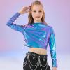 imageLOLANTA Metallic Dance Tops for Girls Long Sleeve Cropped Y2K Top Shiny Disco Streetwear Rave Party Festivals CostumesBlue Purple