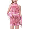 imageLOLANTA Girls Sequin Dance Outfit Crop Sequin Top Metallic Shorts with Tassel Arm Sleeves 513 Years Recital CostumesPink