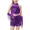 imageLOLANTA Girls Sequin Dance Outfit Crop Sequin Top Metallic Shorts with Tassel Arm Sleeves 513 Years Recital CostumesPurple