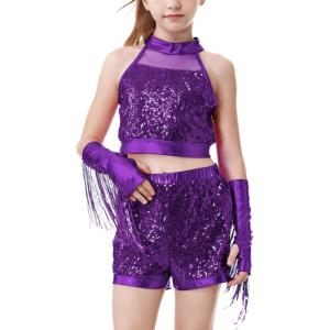 imageLOLANTA Girls Sequin Dance Outfit Crop Sequin Top Metallic Shorts with Tassel Arm Sleeves 513 Years Recital CostumesPurple