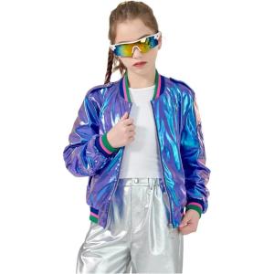 imageLOLANTA Kids Metallic Shiny Jacket Lightweight Y2K Disco Streetwear Rave Party Festivals Costumes Cropped Girls Bomber JacketBlue Purple
