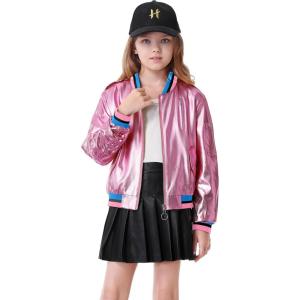 imageLOLANTA Kids Metallic Shiny Jacket Lightweight Y2K Disco Streetwear Rave Party Festivals Costumes Cropped Girls Bomber JacketPink
