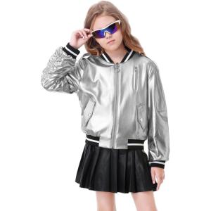 imageLOLANTA Kids Metallic Shiny Jacket Lightweight Y2K Disco Streetwear Rave Party Festivals Costumes Cropped Girls Bomber JacketSilver