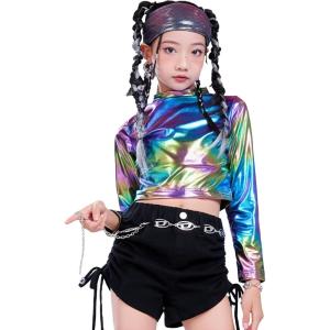 imageLOLANTA Metallic Dance Tops for Girls Long Sleeve Cropped Y2K Top Shiny Disco Streetwear Rave Party Festivals CostumesAurora Color