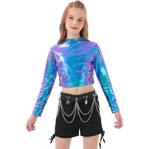 imageLOLANTA Metallic Dance Tops for Girls Long Sleeve Cropped Y2K Top Shiny Disco Streetwear Rave Party Festivals CostumesBlue Purple
