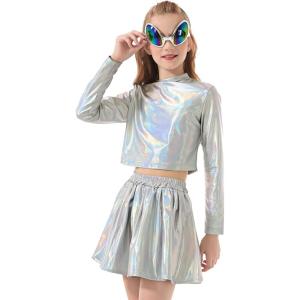 imageLOLANTA Metallic Dance Tops for Girls Long Sleeve Cropped Y2K Top Shiny Disco Streetwear Rave Party Festivals CostumesLaser Silver