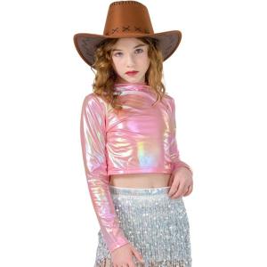 imageLOLANTA Metallic Dance Tops for Girls Long Sleeve Cropped Y2K Top Shiny Disco Streetwear Rave Party Festivals CostumesPink