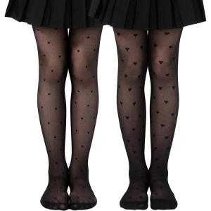 imageLOLANTA Girls Sheer Tights 2 Pack Heart Polka Dot Patterned Stockings Kids Soft Lightweight Stretchy Pantyhose 311YearsBlack Heart  Black Polkadot