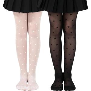imageLOLANTA Girls Sheer Tights 2 Pack Heart Polka Dot Patterned Stockings Kids Soft Lightweight Stretchy Pantyhose 311YearsBlack Heart  White Heart
