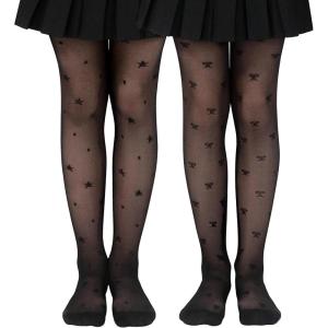 imageLOLANTA Girls Sheer Tights 2 Pack Heart Polka Dot Patterned Stockings Kids Soft Lightweight Stretchy Pantyhose 311YearsBlack Star  Black Bow