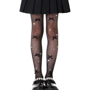 imageLOLANTA Girls Sparkle Tights 2 Pack Fishnet Rhinestone Stockings for Kids Glitter Shimmer Mesh PantyhoseBlackrhinestonebow