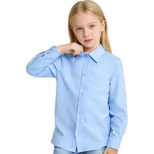 image:imageLolanta Girls Long Sleeve Button Down Shirts Kids Stretch Stain Risistant School Uniform Dress Shirt with One PocketLightblue