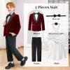 image:imageLOLANTA Boys 4 Piece Velvet Suit Formal Tuxedo Kids Slim Fit Blazer Dress Shirt Pants Outfit with Bow TieRed Shawl Lapel