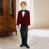 image:imageLOLANTA Boys 4 Piece Velvet Suit Formal Tuxedo Kids Slim Fit Blazer Dress Shirt Pants Outfit with Bow TieRed Shawl Lapel