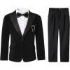 image:imageLOLANTA Boys 4 Piece Velvet Suit Formal Tuxedo Kids Slim Fit Blazer Dress Shirt Pants Outfit with Bow TieBlack Peak Lapel
