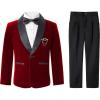 image:imageLOLANTA Boys 4 Piece Velvet Suit Formal Tuxedo Kids Slim Fit Blazer Dress Shirt Pants Outfit with Bow TieRed Shawl Lapel