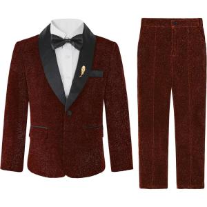 image:imageLOLANTA 4Pcs Boys Suits Shiny Performance Tuxedo Kids Glitter Blazer and Pants with Shirt for Christmas Wedding 512 YearsBurgundy