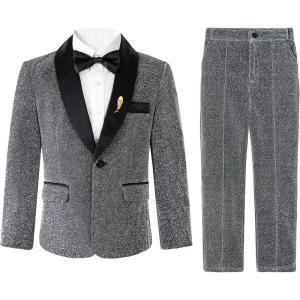 image:imageLOLANTA 4Pcs Boys Suits Shiny Performance Tuxedo Kids Glitter Blazer and Pants with Shirt for Christmas Wedding 512 YearsDarkgrey