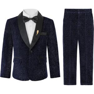 image:imageLOLANTA 4Pcs Boys Suits Shiny Performance Tuxedo Kids Glitter Blazer and Pants with Shirt for Christmas Wedding 512 YearsNavy