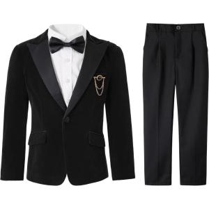 image:imageLOLANTA Boys 4 Piece Velvet Suit Formal Tuxedo Kids Slim Fit Blazer Dress Shirt Pants Outfit with Bow TieBlack Peak Lapel