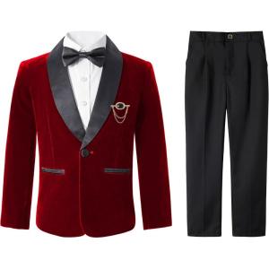 image:imageLOLANTA Boys 4 Piece Velvet Suit Formal Tuxedo Kids Slim Fit Blazer Dress Shirt Pants Outfit with Bow TieRed Shawl Lapel