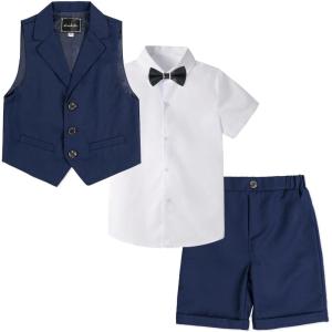 image:imageLOLANTA Boys 4PCs Summer Suits Short Suit Set for Wedding Ring Bearer Outfits Dress Clothes Vest Shirt Shorts Bow TieNavy