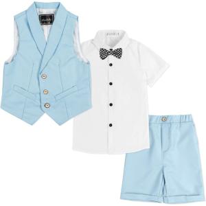 image:imageLOLANTA Boys 4PCs Summer Suits Short Suit Set for Wedding Ring Bearer Outfits Dress Clothes Vest Shirt Shorts Bow TieSolid Blue