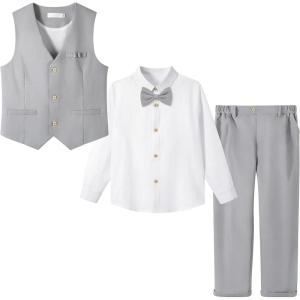 image:imageLOLANTA Boys Linen Suit Dress Clothes Kids Graduation Wedding Outfit 4 Piece Shirt Vest Pants Set with Bow TieGrey