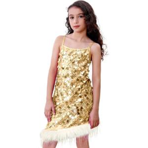 image:imageLOLANTA Girls Sequin Dress Kids Sparkly Gown for Wedding Birthday Party with Spaghetti Strap Detachable Feather HemGold