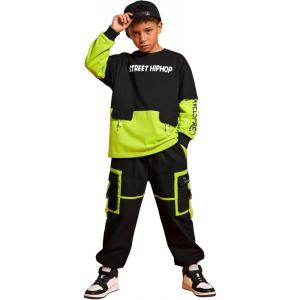 image:imageLOLANTA Hip Hop Dance Outfits for Boys 2 Piece Colorblock Streetwear Y2k Crewneck Long Sleeve Sweatshirt Kids Cargo Pants SetGreen