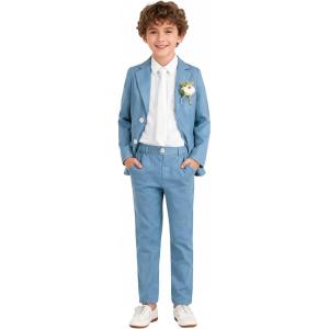 image:imageLOLANTA Boys Linen Suit Slim Fit Kids Lightweight Suit Jacket Pant Set for Family Gatherings Holiday Celebrations SchoolHaze Blue