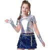 image:imageLOLANTA Girls Metallic Shirts with Arm Sleeves Slim Fit Stretchy Shiny Fake Two Piece Hip Hop Dance Top Festivals PartyLaser Silver