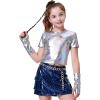 image:imageLOLANTA Girls Metallic Shirts with Arm Sleeves Slim Fit Stretchy Shiny Fake Two Piece Hip Hop Dance Top Festivals PartyLaser Silver