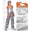 image:imageLOLANTA Girls Metallic Shirts with Arm Sleeves Slim Fit Stretchy Shiny Fake Two Piece Hip Hop Dance Top Festivals PartyOrange