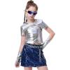 image:imageLOLANTA Girls Metallic Shirts with Arm Sleeves Slim Fit Stretchy Shiny Fake Two Piece Hip Hop Dance Top Festivals PartyLaser Silver