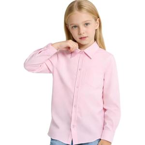 image:imageLOLANTA Girls Long Sleeve Button Down Shirts Kids Stretch Stain Resistant School Uniform Dress Shirt with Patch PocketLightpink