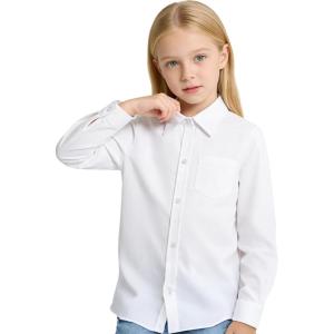 image:imageLOLANTA Girls Long Sleeve Button Down Shirts Kids Stretch Stain Resistant School Uniform Dress Shirt with Patch PocketWhite