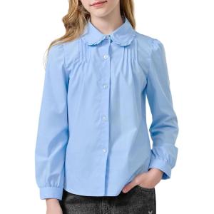 image:imageLOLANTA Girls Long Sleeve Uniform Shirt Kids Stretch Button Down Dress Shirts Stain Resistant Blouse with Peter Pan CollarLightblue