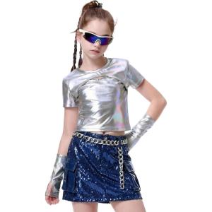 image:imageLOLANTA Girls Metallic Shirts with Arm Sleeves Slim Fit Stretchy Shiny Fake Two Piece Hip Hop Dance Top Festivals PartyLaser Silver
