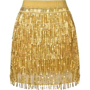image:imageLOLANTA Girls Sequin Fringe Skirts Sparkle Layered Tassel Elatic Waist Disco Rave Party Dance Skirt with LiningGold