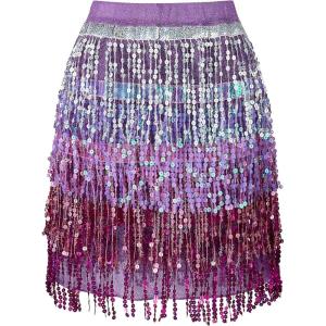 image:imageLOLANTA Girls Sequin Fringe Skirts Sparkle Layered Tassel Elatic Waist Disco Rave Party Dance Skirt with LiningPurple