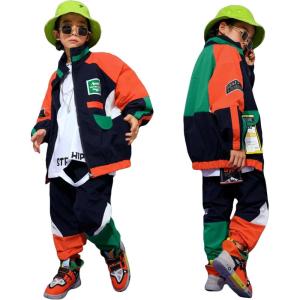 image:imageLOLANTA Unisex Kids 80s Tracksuit Hip Hop Dance Outfit Boys Girls Oversized Color Block Jacket Pants 2 Piece Clothing SetOrange